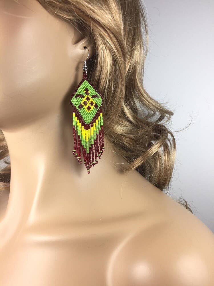 Green Ruby Yellow Turtle Seed Beaded Earrings