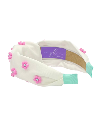 White with Pink Flowers Knot Headband