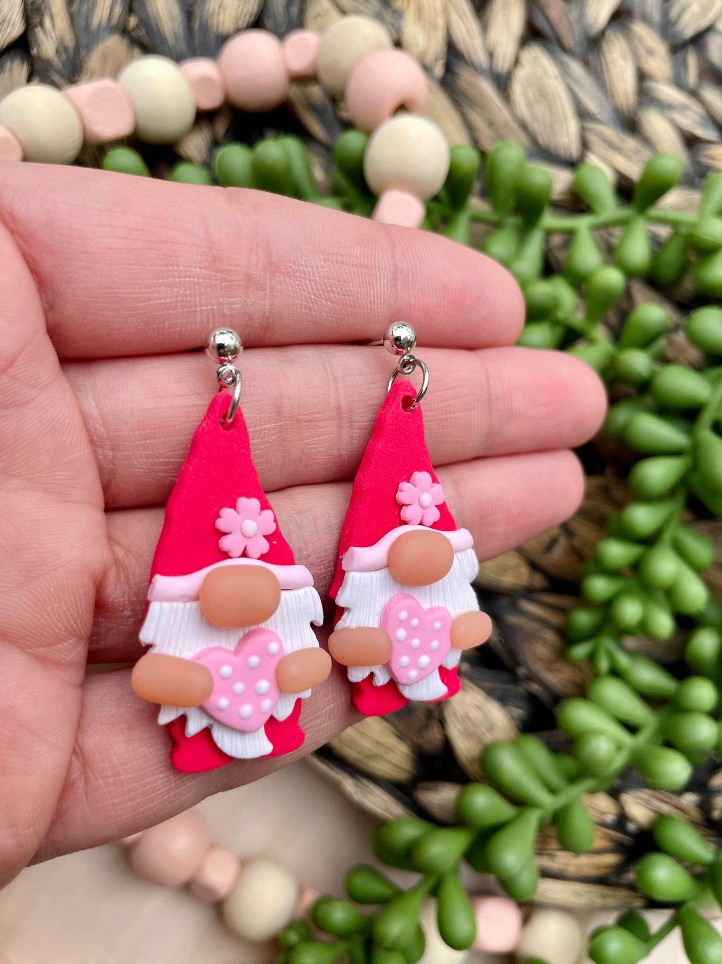 Valentines Day gnome clay dangle earrings