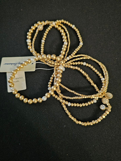 Elegant Tommy Bahama Gold and Pearl Stretch Bracelet Set
