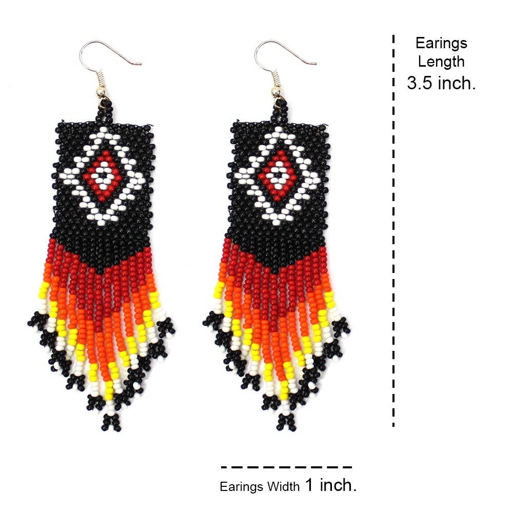 Handmade Seed Beaded Black Multicolored Big Native Style Earrings