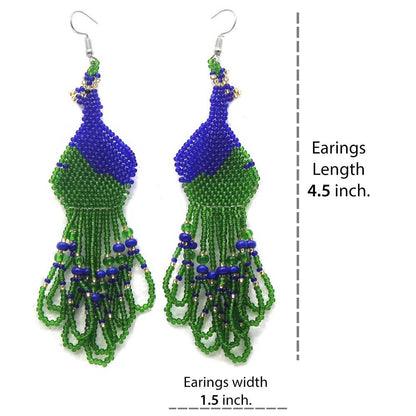 Handmade Blue Green Beaded Native Style Peacock Hook Earrings