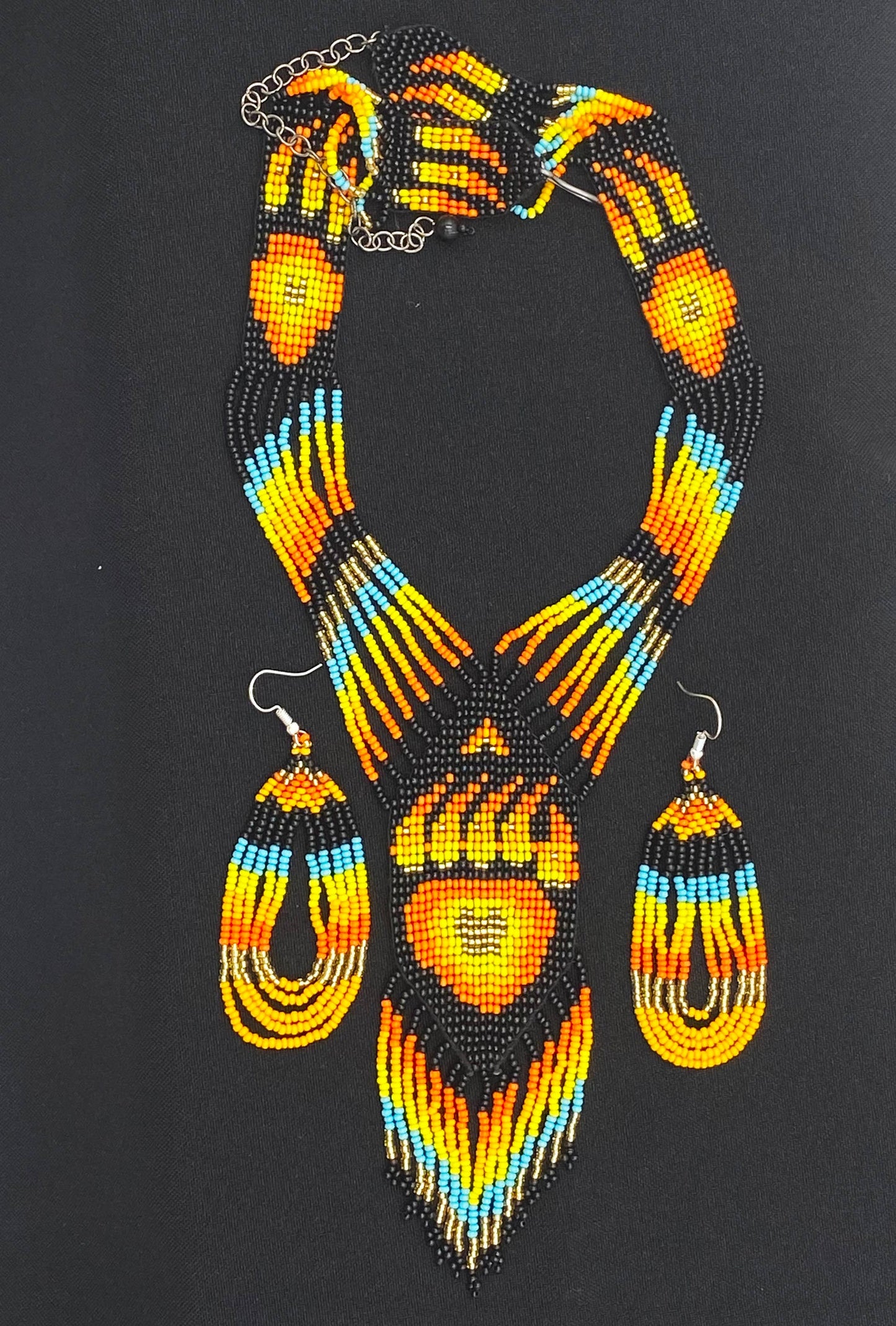 Handmade Orange Black Beaded Bear Paw Necklace Earrings Set