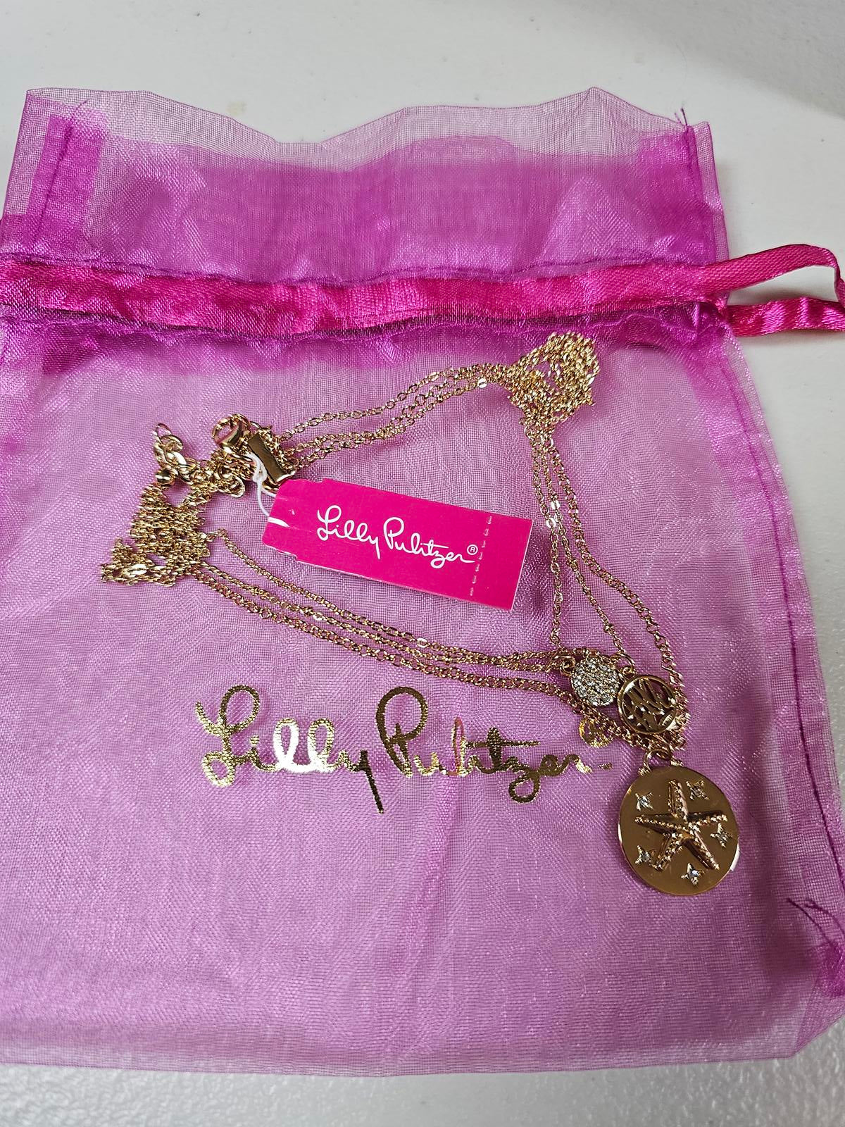 Elegant Lilly Pulitzer Triple Layered Gold Colored Necklace
