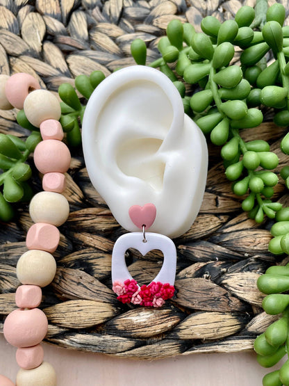 Floral Heart Valentines Day clay dangle earrings