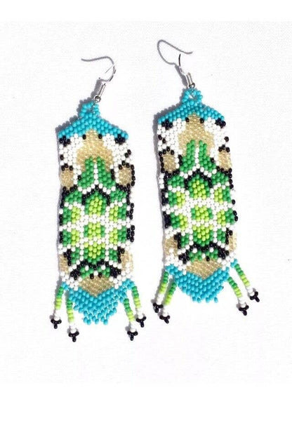 Green Gold Seed Beaded Turtle Beadwork Necklace Earrings