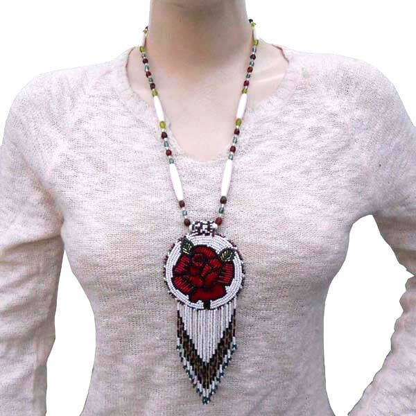 Red Rose Beadwork Long Medallion Handmade Beaded Necklace Earrings Set