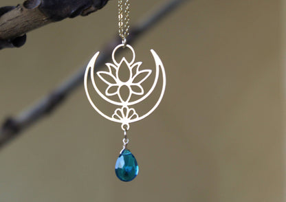 Lotus Flower Necklace, Louts Crescent Moon Necklace