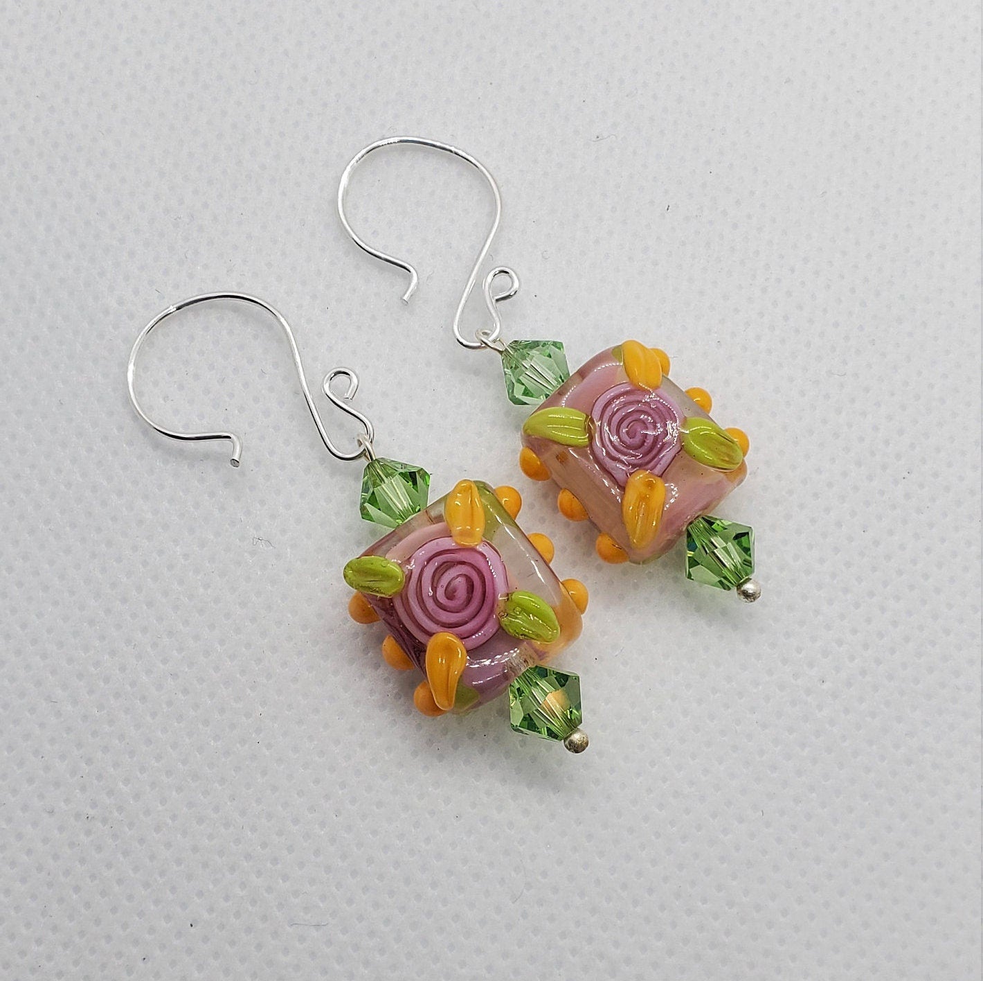 Love is in Bloom Artisan Glass Earrings, Lampwork Glass Bead by Grace Lampwork Beads, Silver Filled Earring Wire