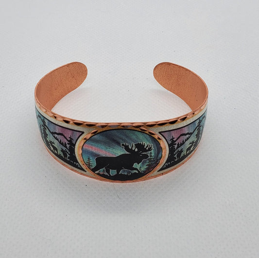 B - Moose with Northern Lights - Beautiful adjustable COPPER cuff bracelet. Wildlife, Alaskan Jewelry.