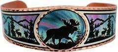 B - Moose with Northern Lights - Beautiful adjustable COPPER cuff bracelet. Wildlife, Alaskan Jewelry.