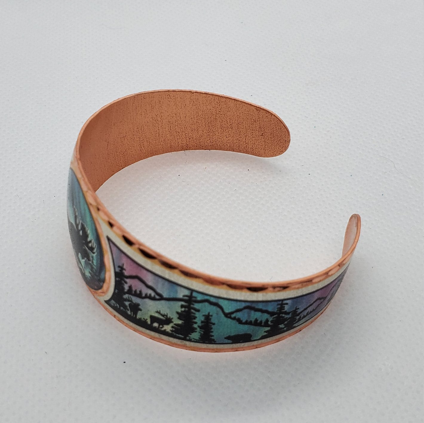 B - Moose with Northern Lights - Beautiful adjustable COPPER cuff bracelet. Wildlife, Alaskan Jewelry.