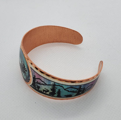 B - Moose with Northern Lights - Beautiful adjustable COPPER cuff bracelet. Wildlife, Alaskan Jewelry.