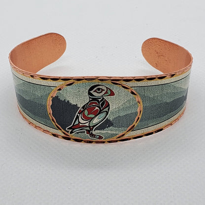 Alaskan Native Puffin - Beautiful adjustable COPPER cuff bracelet. Alaskan Wildlife Jewelry.
