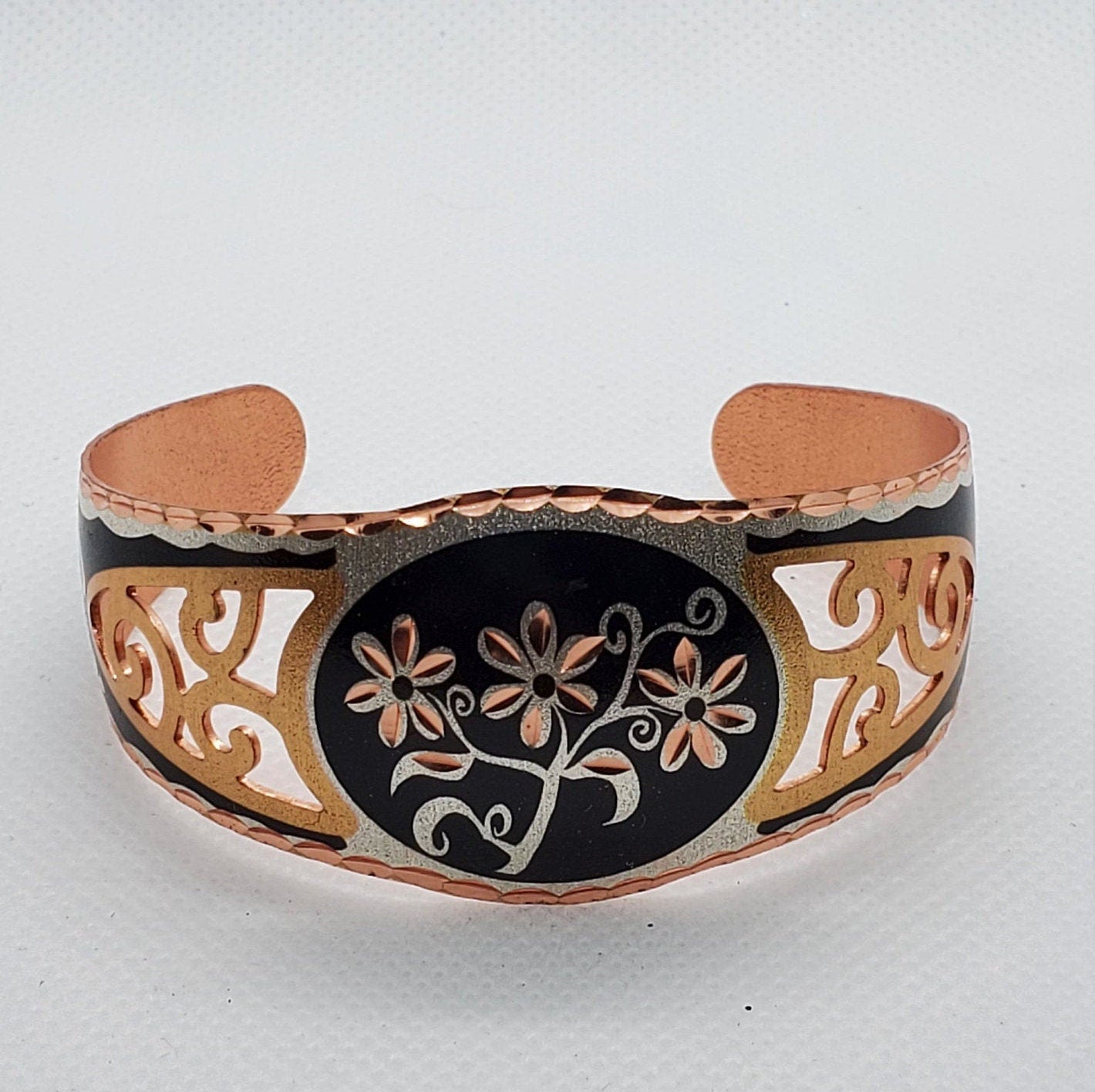 B - Filigree Floral - Beautiful adjustable COPPER cuff bracelet.