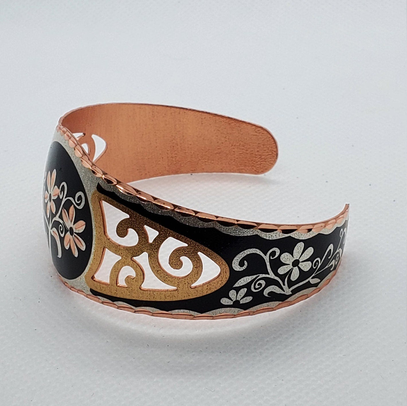 B - Filigree Floral - Beautiful adjustable COPPER cuff bracelet.