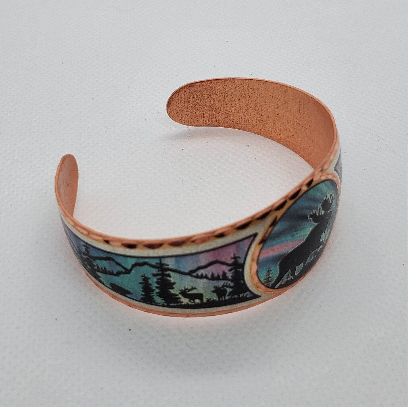 B - Moose with Northern Lights - Beautiful adjustable COPPER cuff bracelet. Wildlife, Alaskan Jewelry.