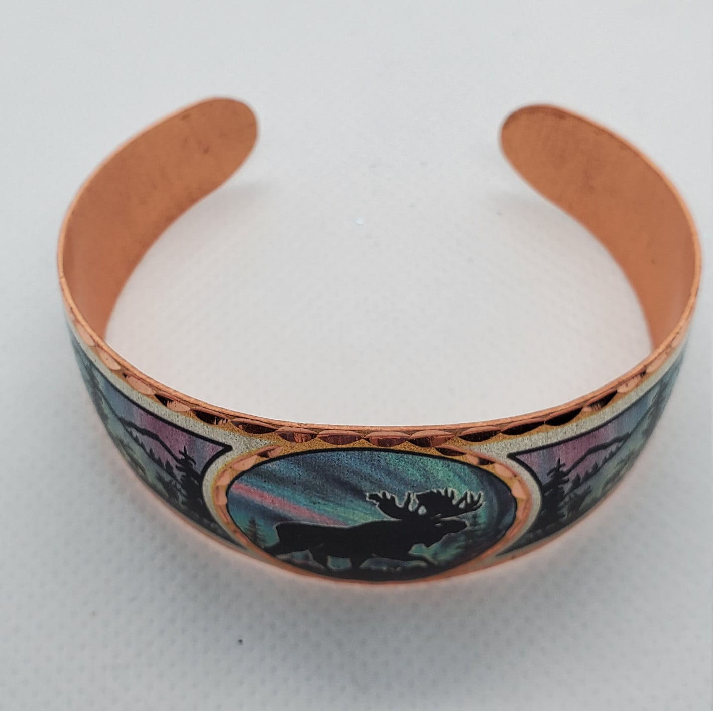B - Moose with Northern Lights - Beautiful adjustable COPPER cuff bracelet. Wildlife, Alaskan Jewelry.