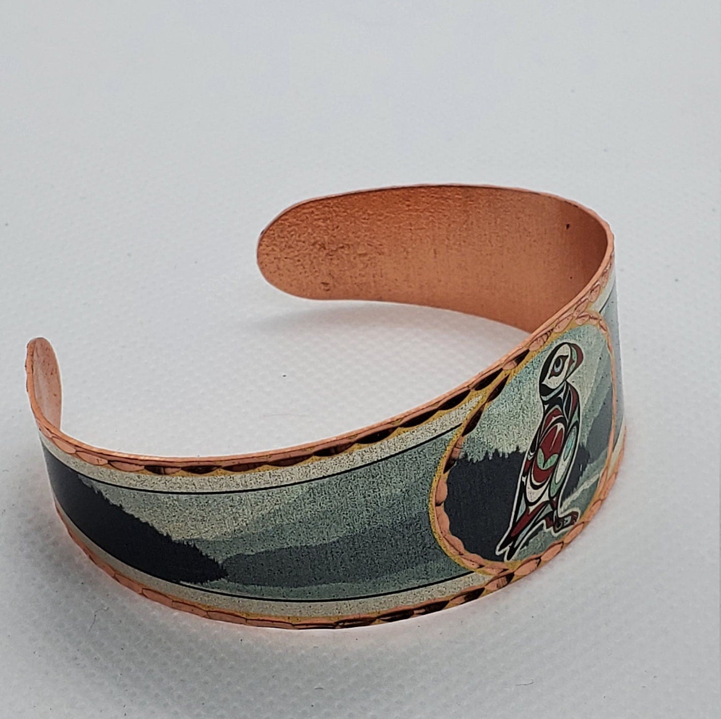 Alaskan Native Puffin - Beautiful adjustable COPPER cuff bracelet. Alaskan Wildlife Jewelry.
