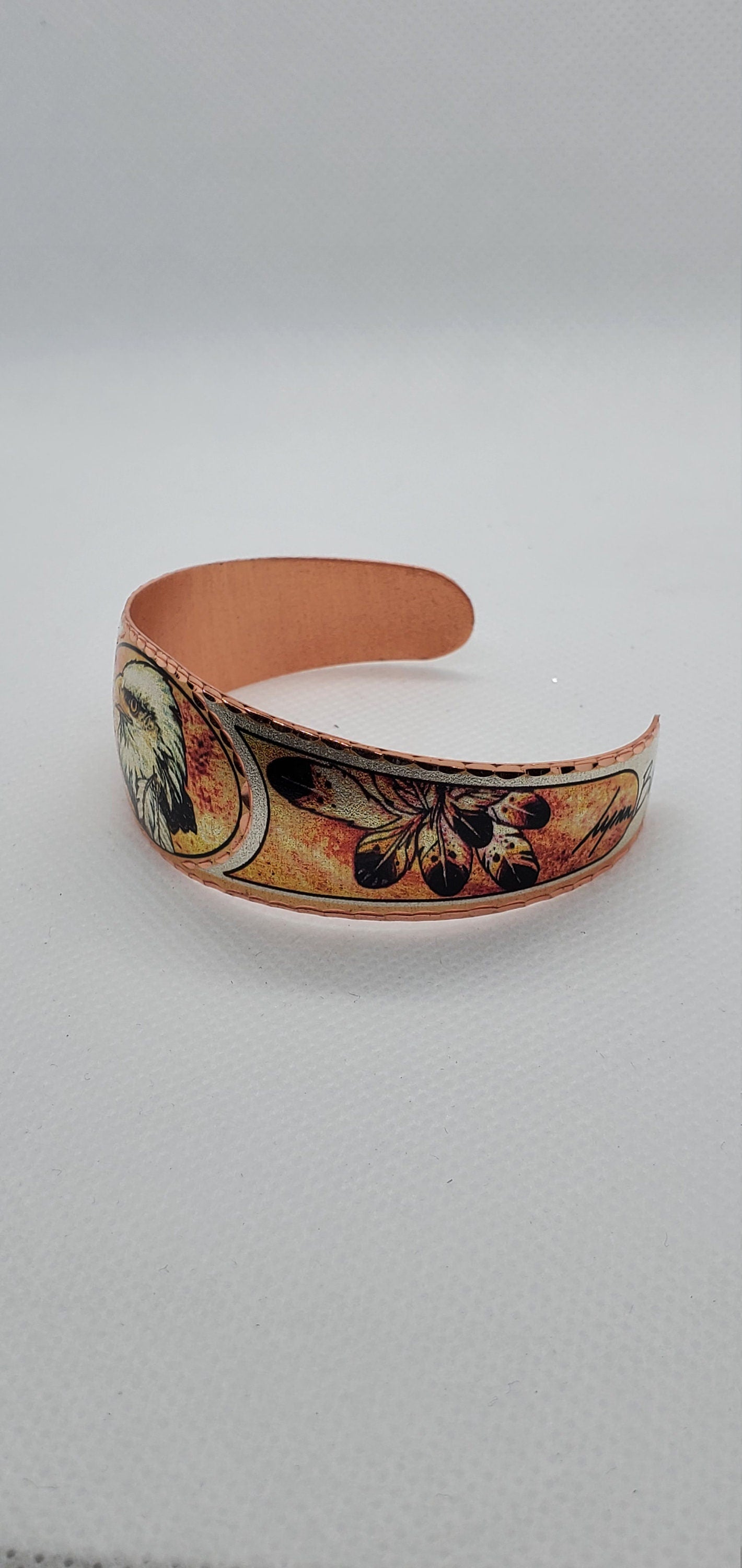 BR - Feathers and Eagle - Beautiful adjustable COPPER cuff bracelet.