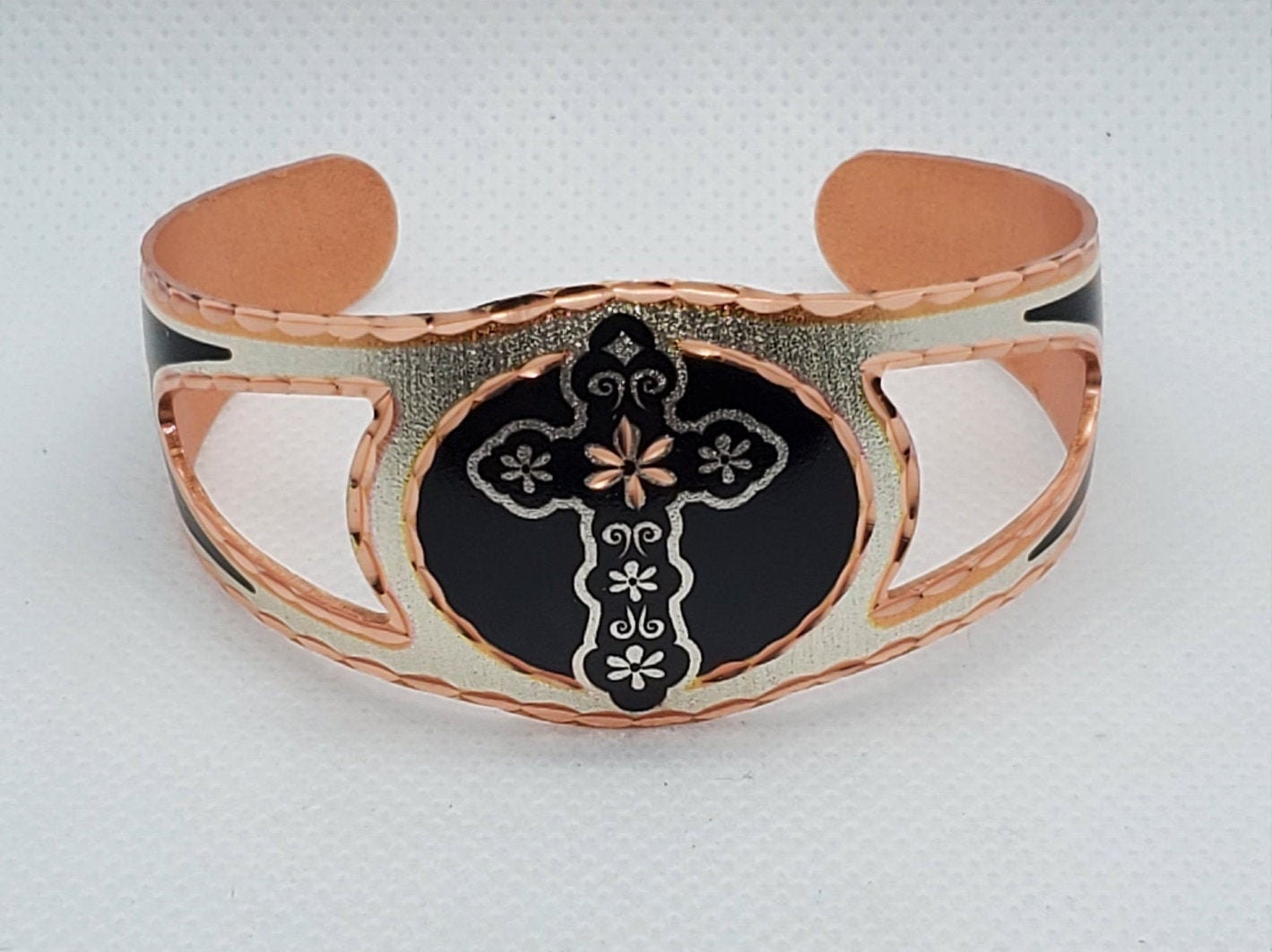 B - Flower Cross Bracelet - Beautiful adjustable COPPER cuff bracelet. Religious Jewelry.