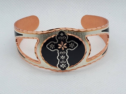 B - Flower Cross Bracelet - Beautiful adjustable COPPER cuff bracelet. Religious Jewelry.