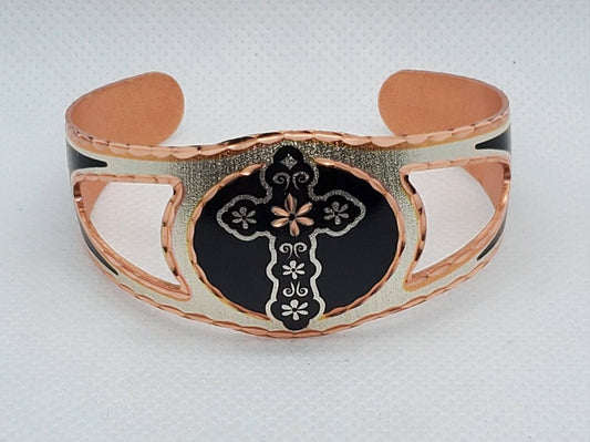 B - Flower Cross Bracelet - Beautiful adjustable COPPER cuff bracelet. Religious Jewelry.