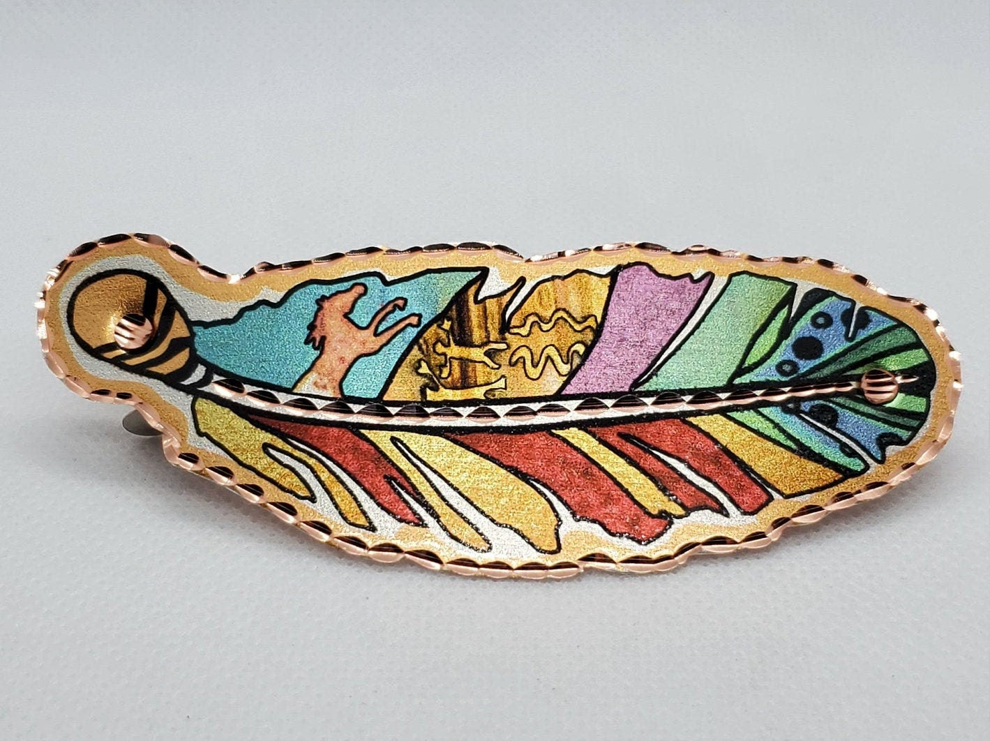 HC - Colorful Copper Feather and Horse Hair Clip - Beautiful COPPER Hair Barrette / Clip