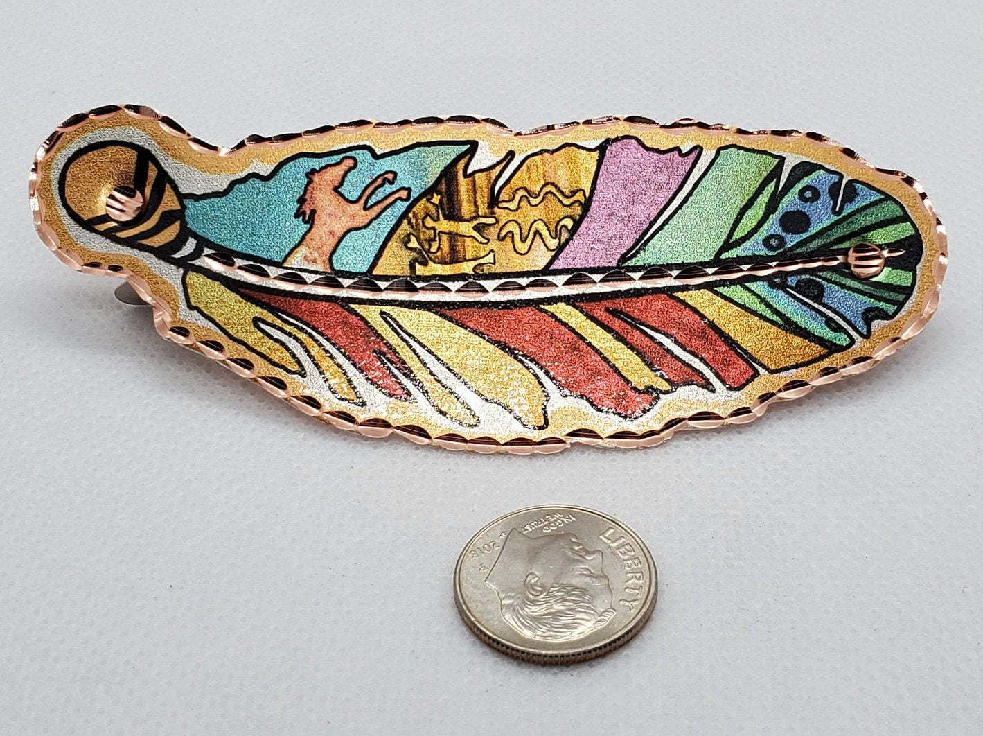 HC - Colorful Copper Feather and Horse Hair Clip - Beautiful COPPER Hair Barrette / Clip