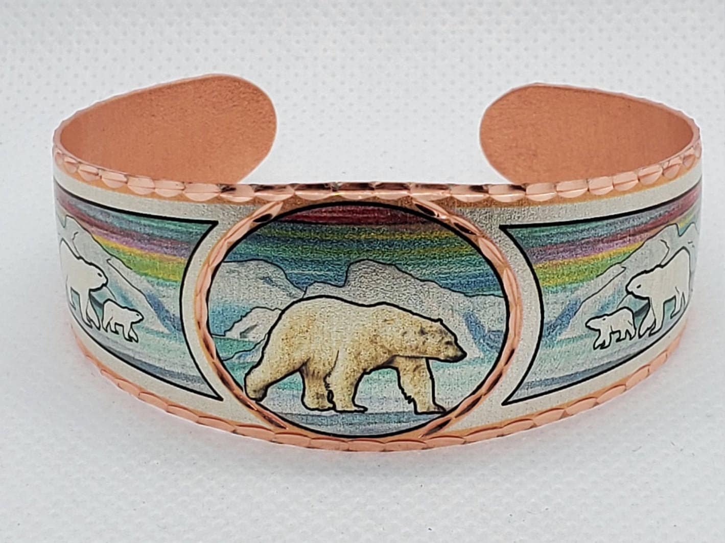BR- Northern Lights & Polar Bear Bracelet - Beautiful adjustable COPPER cuff bracelet. Wildlife, Alaskan Jewelry.