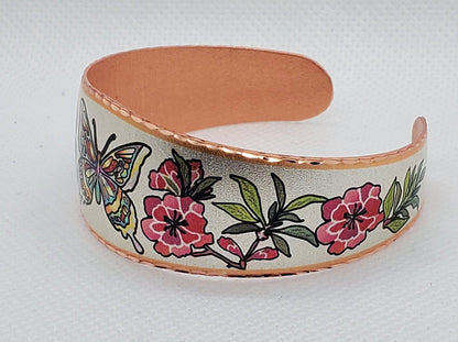 B - Flowers & Butterfly Bracelet - Beautiful adjustable COPPER cuff bracelet.