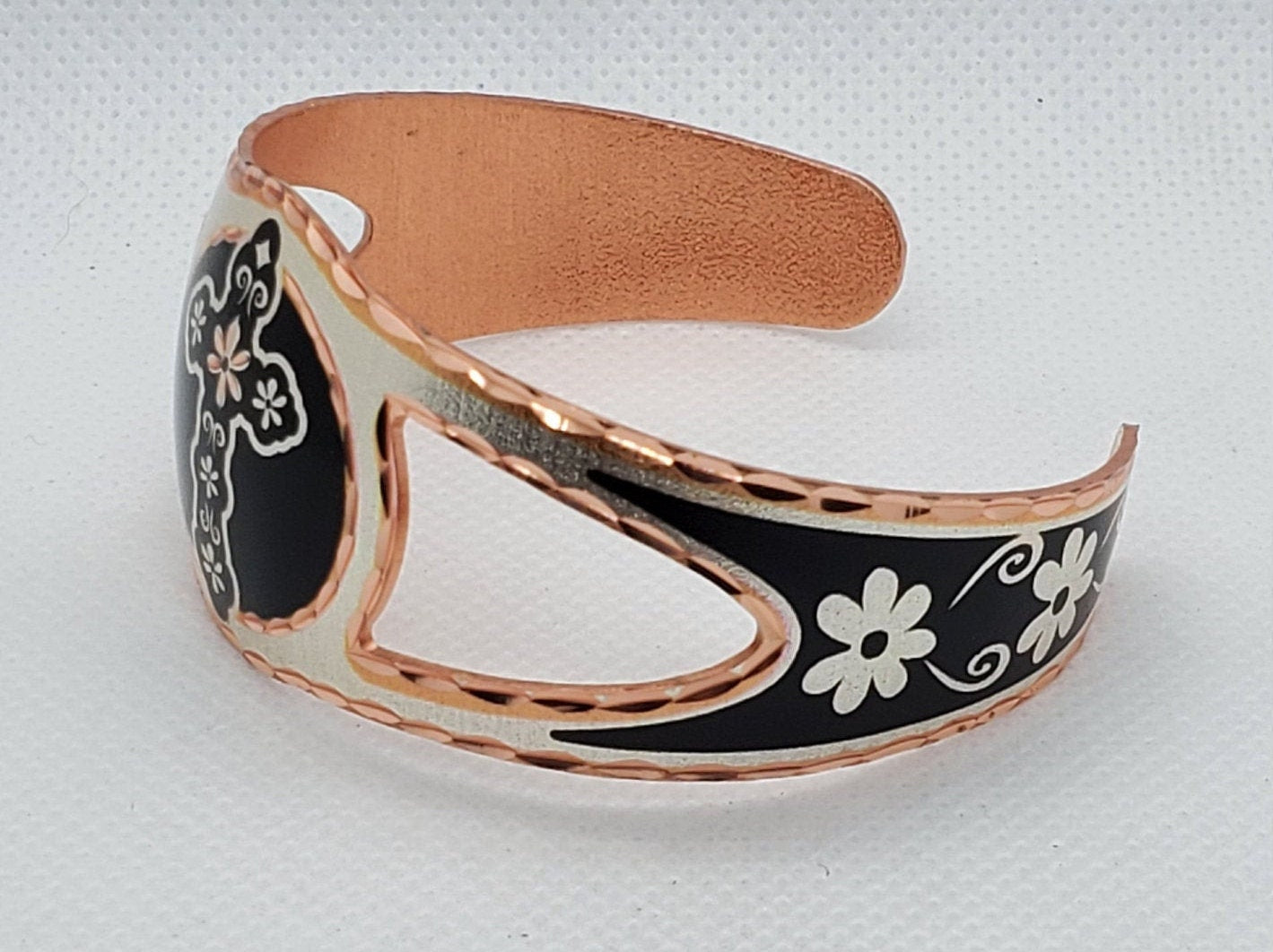 B - Flower Cross Bracelet - Beautiful adjustable COPPER cuff bracelet. Religious Jewelry.
