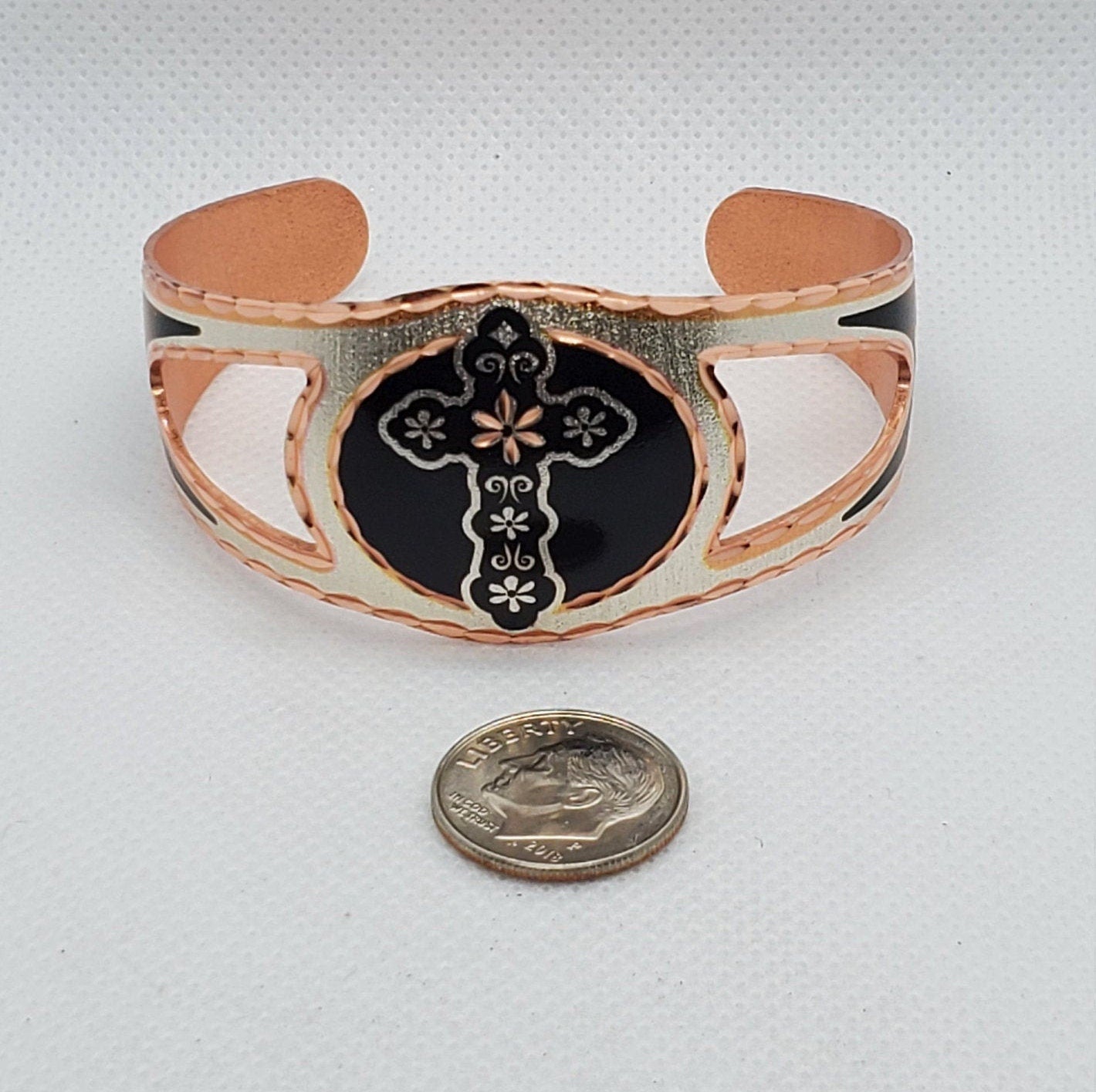 B - Flower Cross Bracelet - Beautiful adjustable COPPER cuff bracelet. Religious Jewelry.