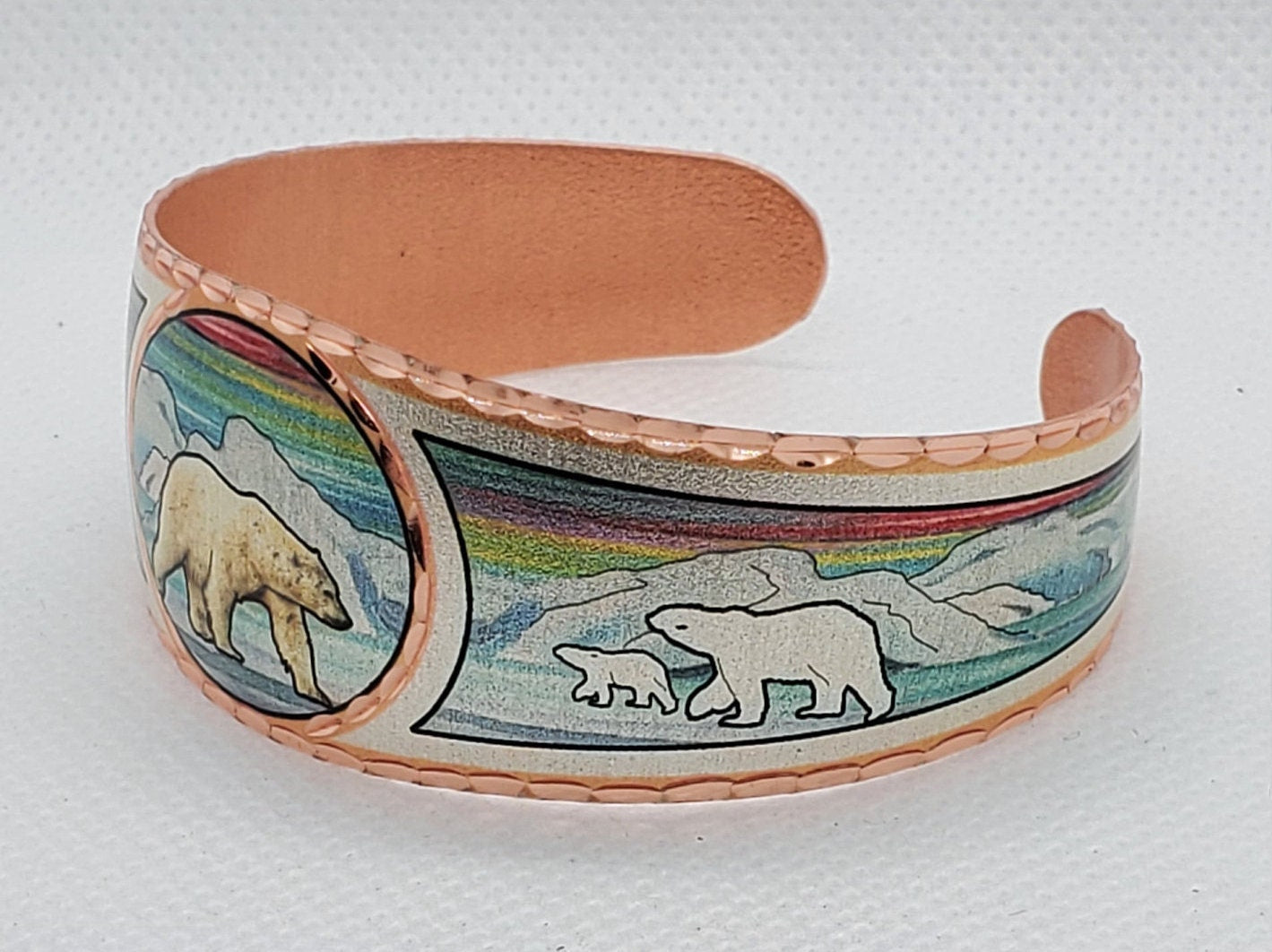 BR- Northern Lights & Polar Bear Bracelet - Beautiful adjustable COPPER cuff bracelet. Wildlife, Alaskan Jewelry.