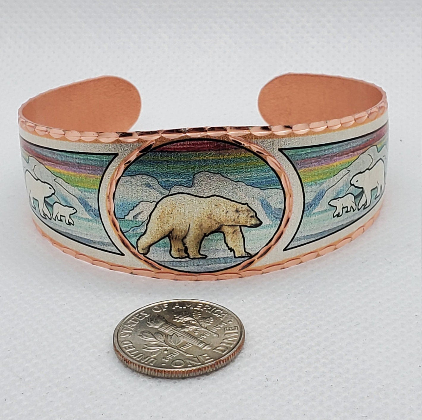 BR- Northern Lights & Polar Bear Bracelet - Beautiful adjustable COPPER cuff bracelet. Wildlife, Alaskan Jewelry.