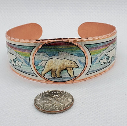 BR- Northern Lights & Polar Bear Bracelet - Beautiful adjustable COPPER cuff bracelet. Wildlife, Alaskan Jewelry.