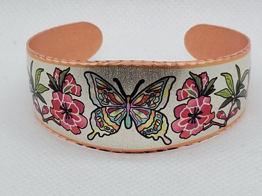 B - Flowers & Butterfly Bracelet - Beautiful adjustable COPPER cuff bracelet.