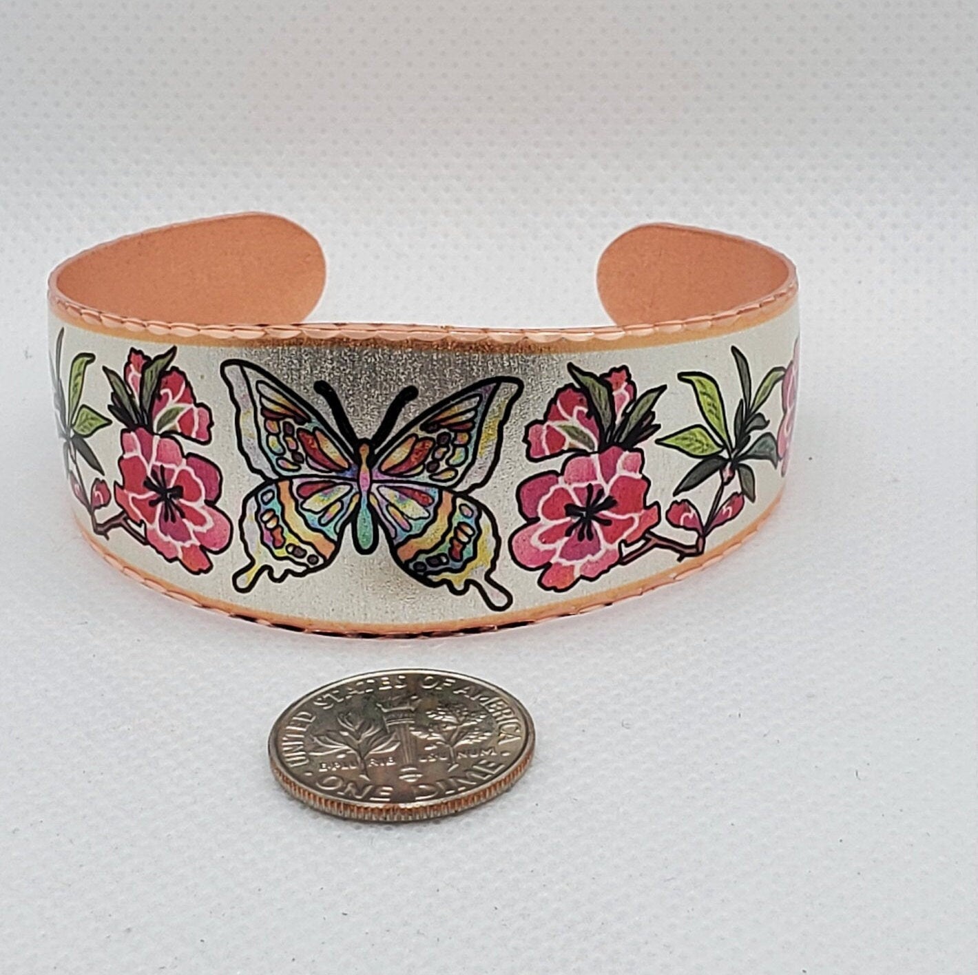 B - Flowers & Butterfly Bracelet - Beautiful adjustable COPPER cuff bracelet.