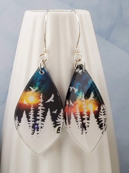 SS Mountain and Lake Sunset Sky - Laser cut Lightweight Acrylic earrings - Sterling Silver Hooks