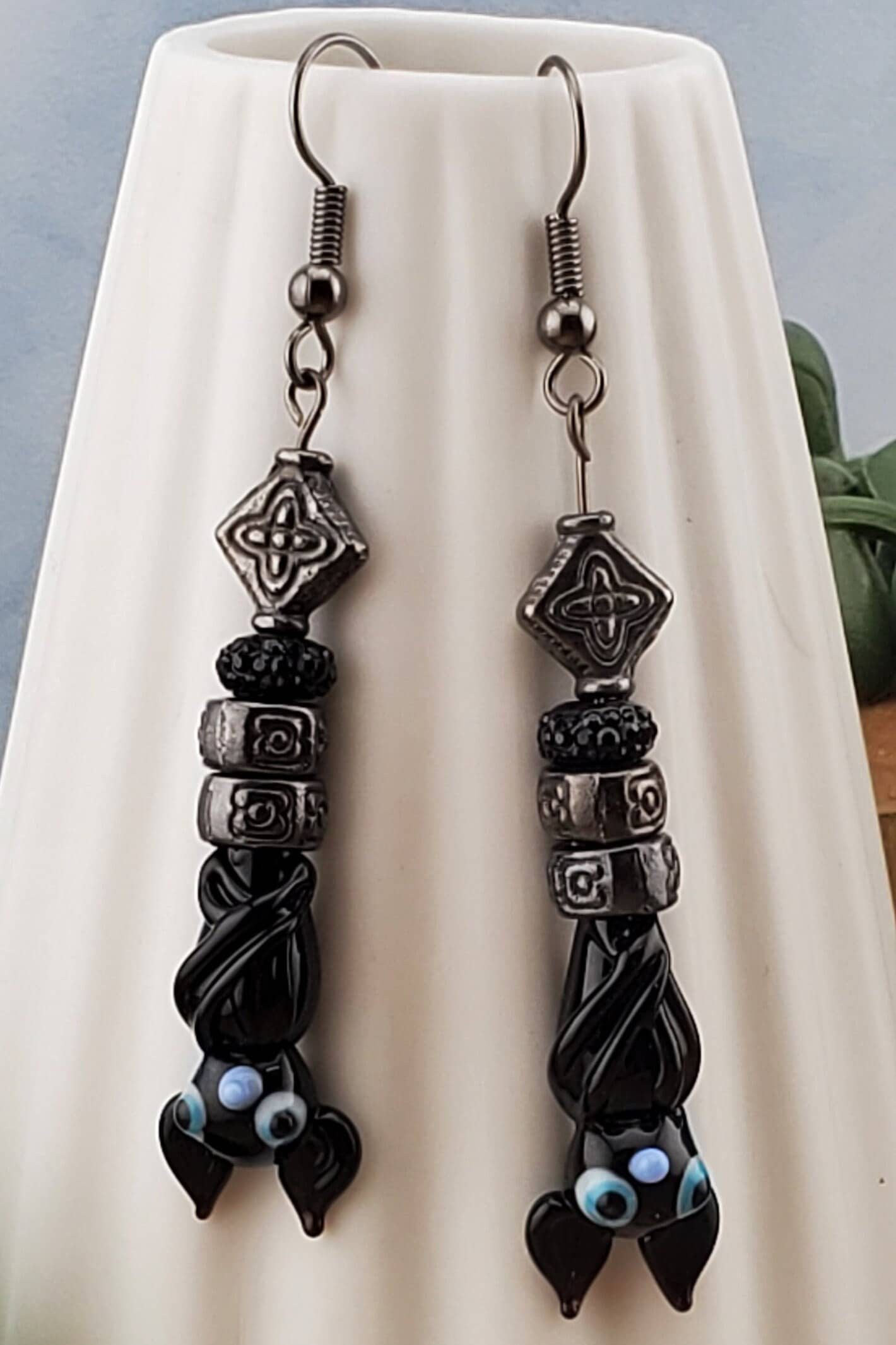 Hanging Bat Earrings, Gun Metal Earring Wire