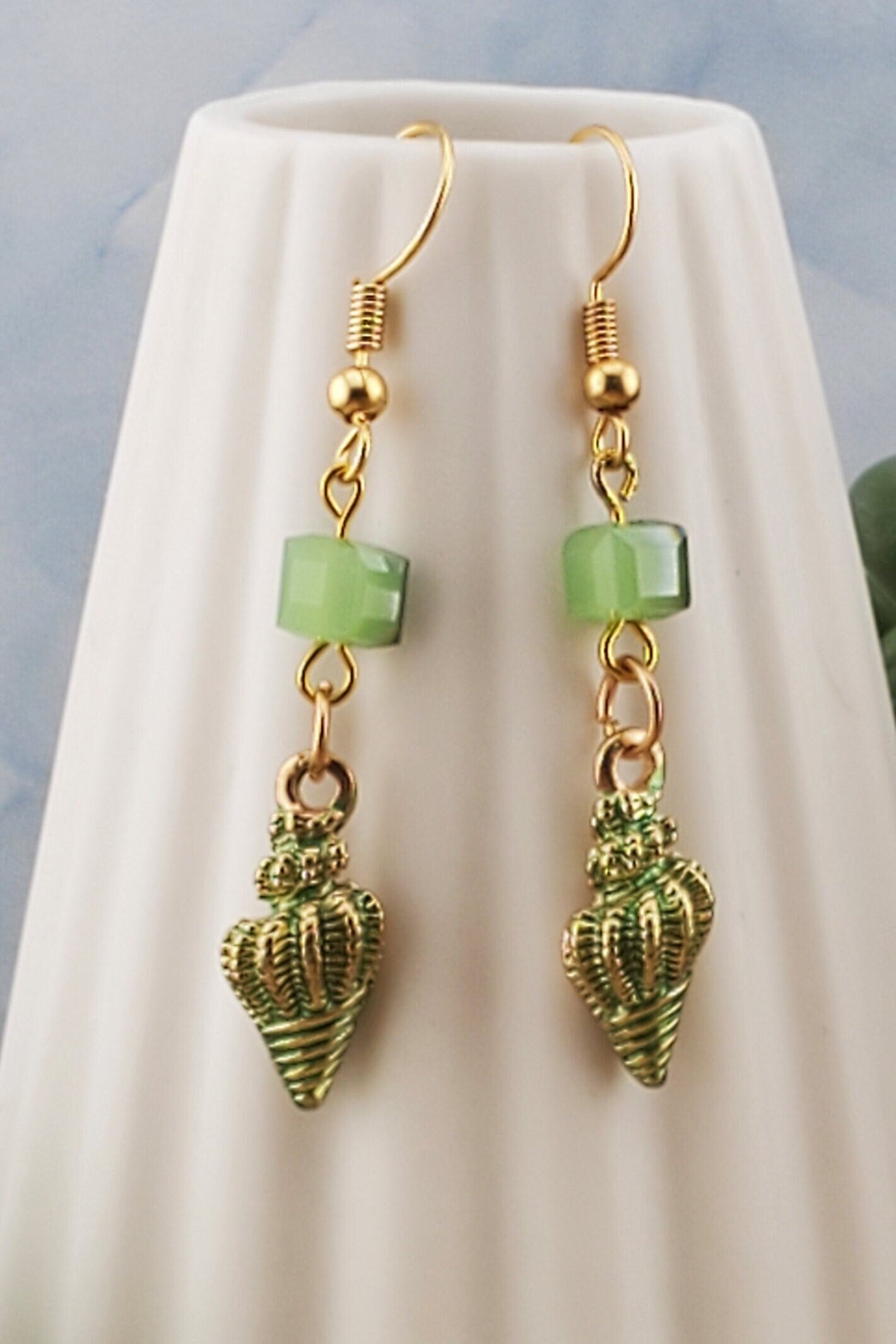 Green Seashell Earrings, Gold Plated Earring Wire