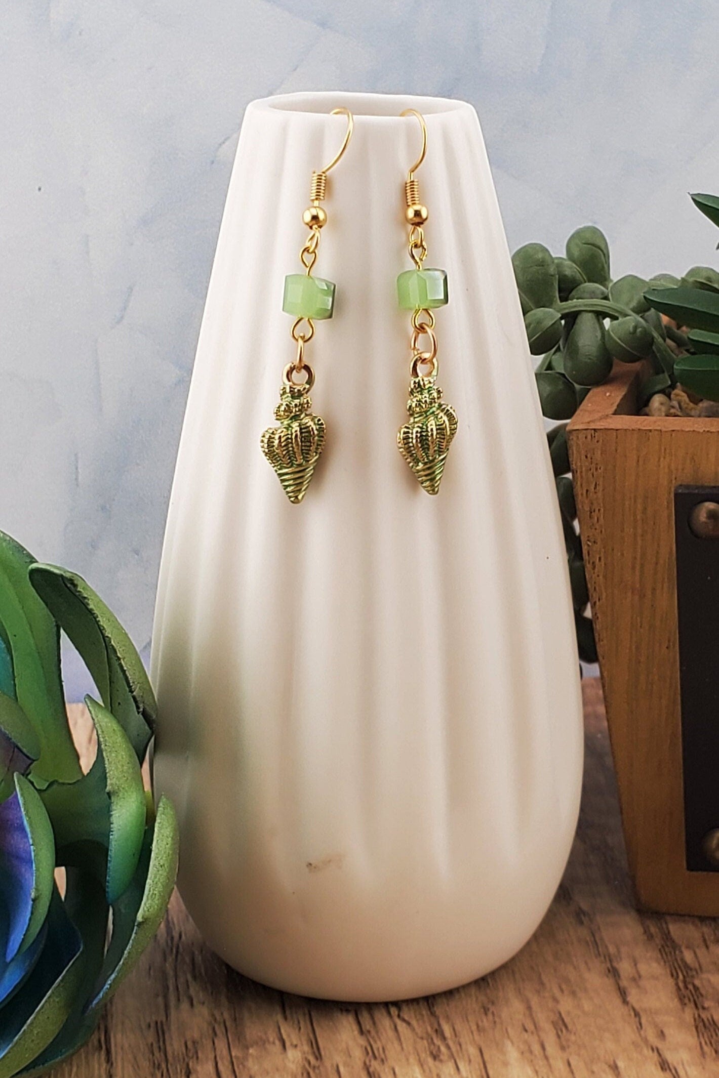 Green Seashell Earrings, Gold Plated Earring Wire