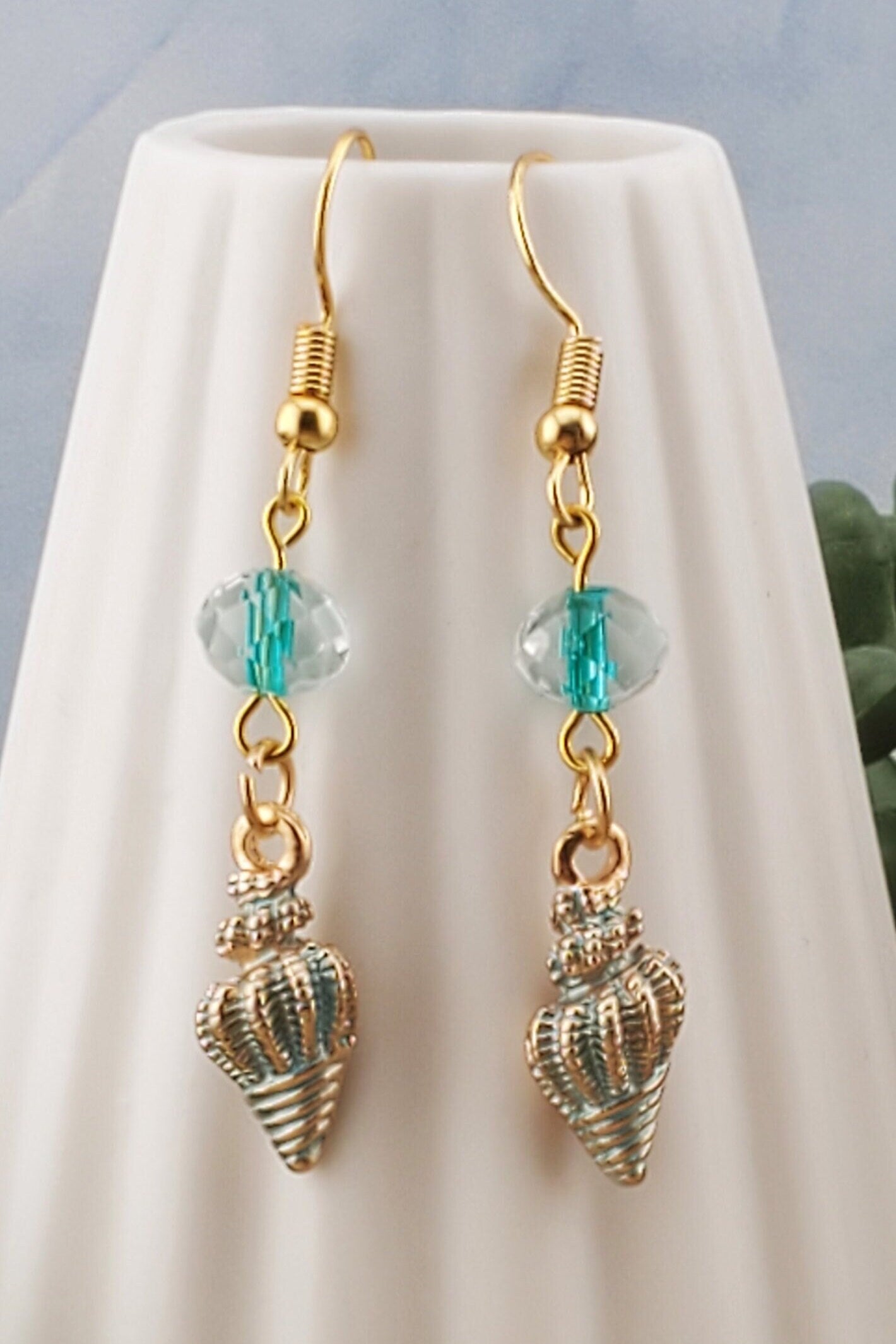 Blue Seashell Earrings, Gold Plated Earring Wire