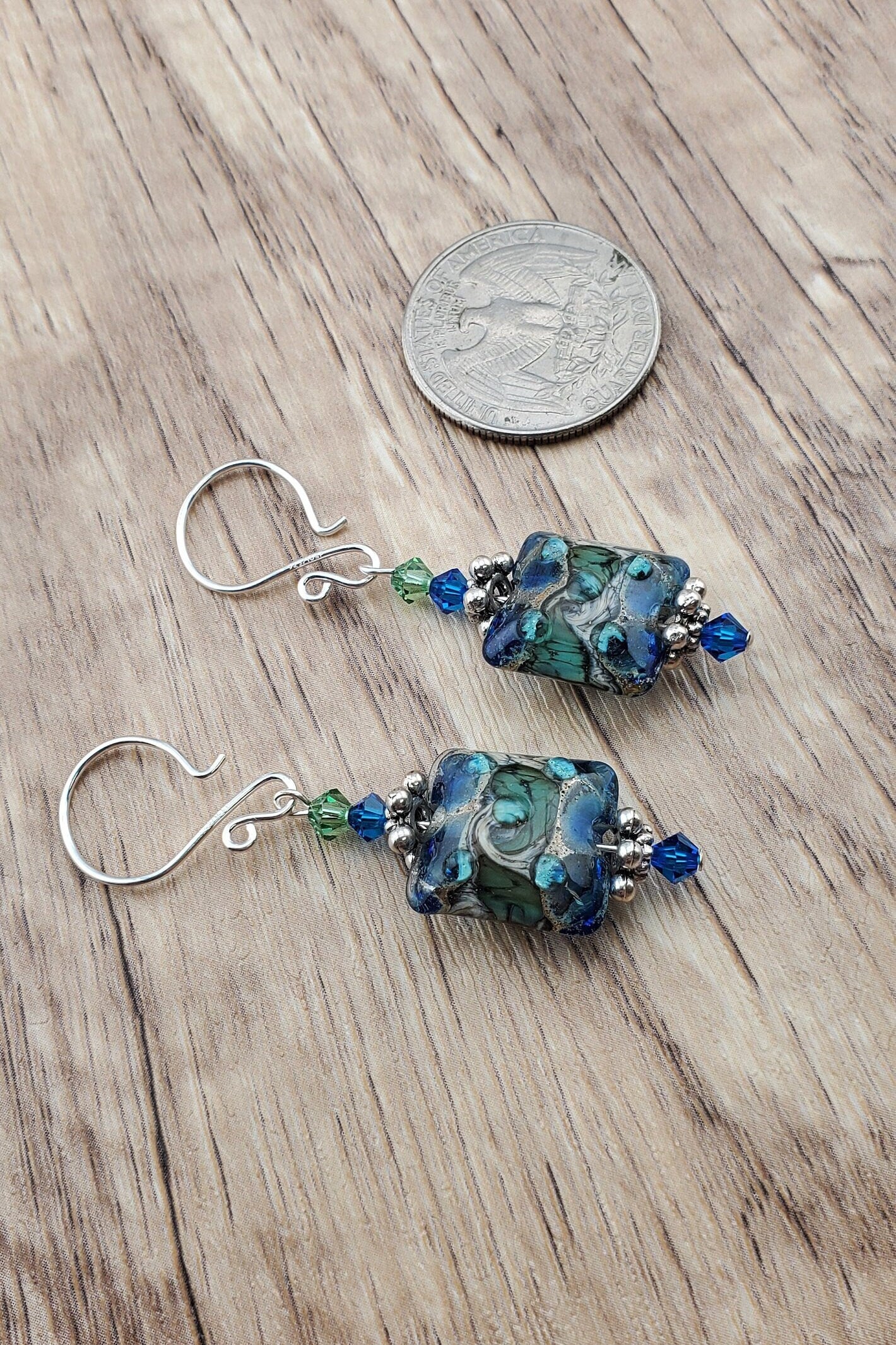 Ocean Tides Earrings, Lamp work Glass Bead handcrafted by a talented artisan, Silver Filled Earring Wire