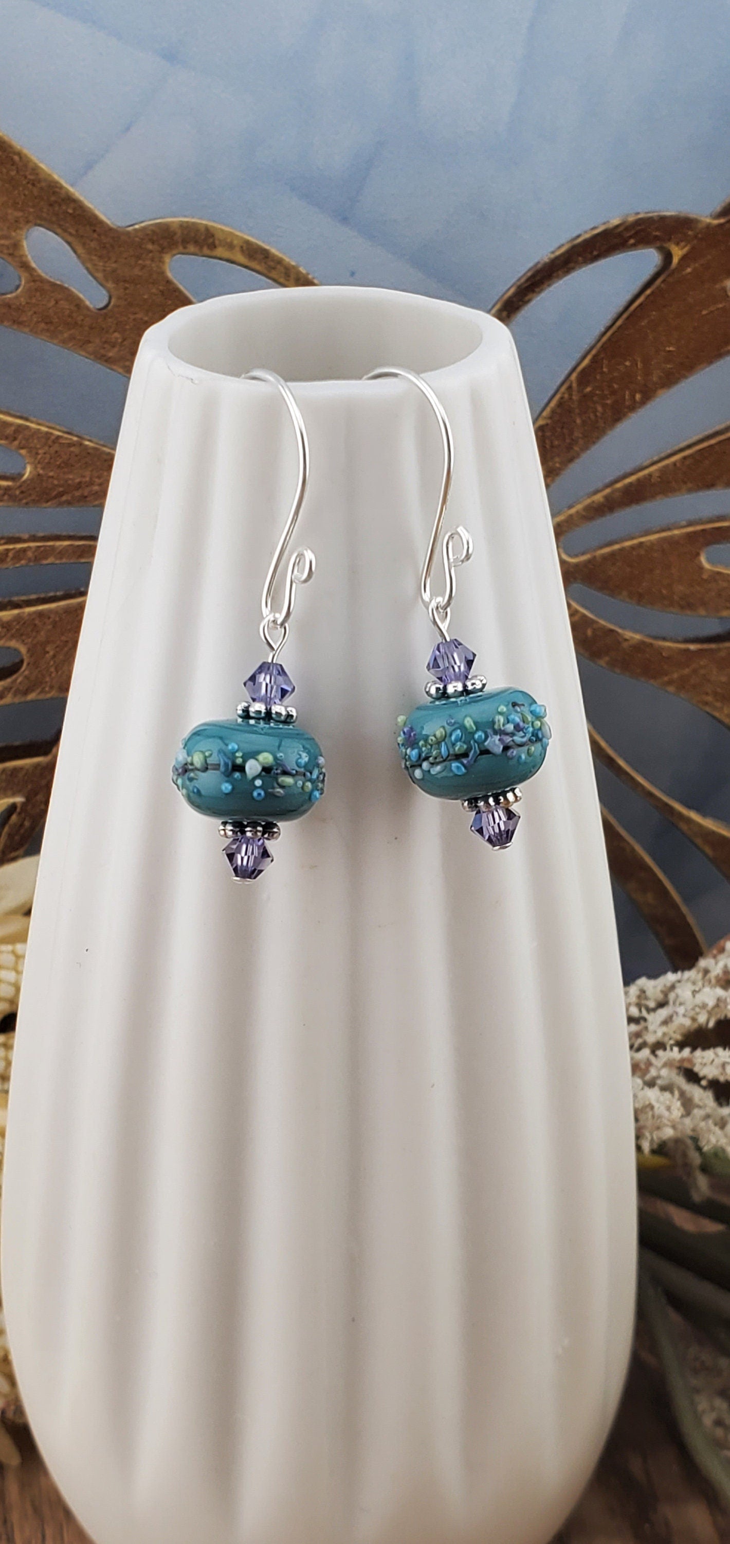 Lavender Bliss Artisan Glass Earrings, Lampwork Glass Bead handcrafted by a talented artisan, Silver Filled Earring Wire. Lavender and Teal Green beads.