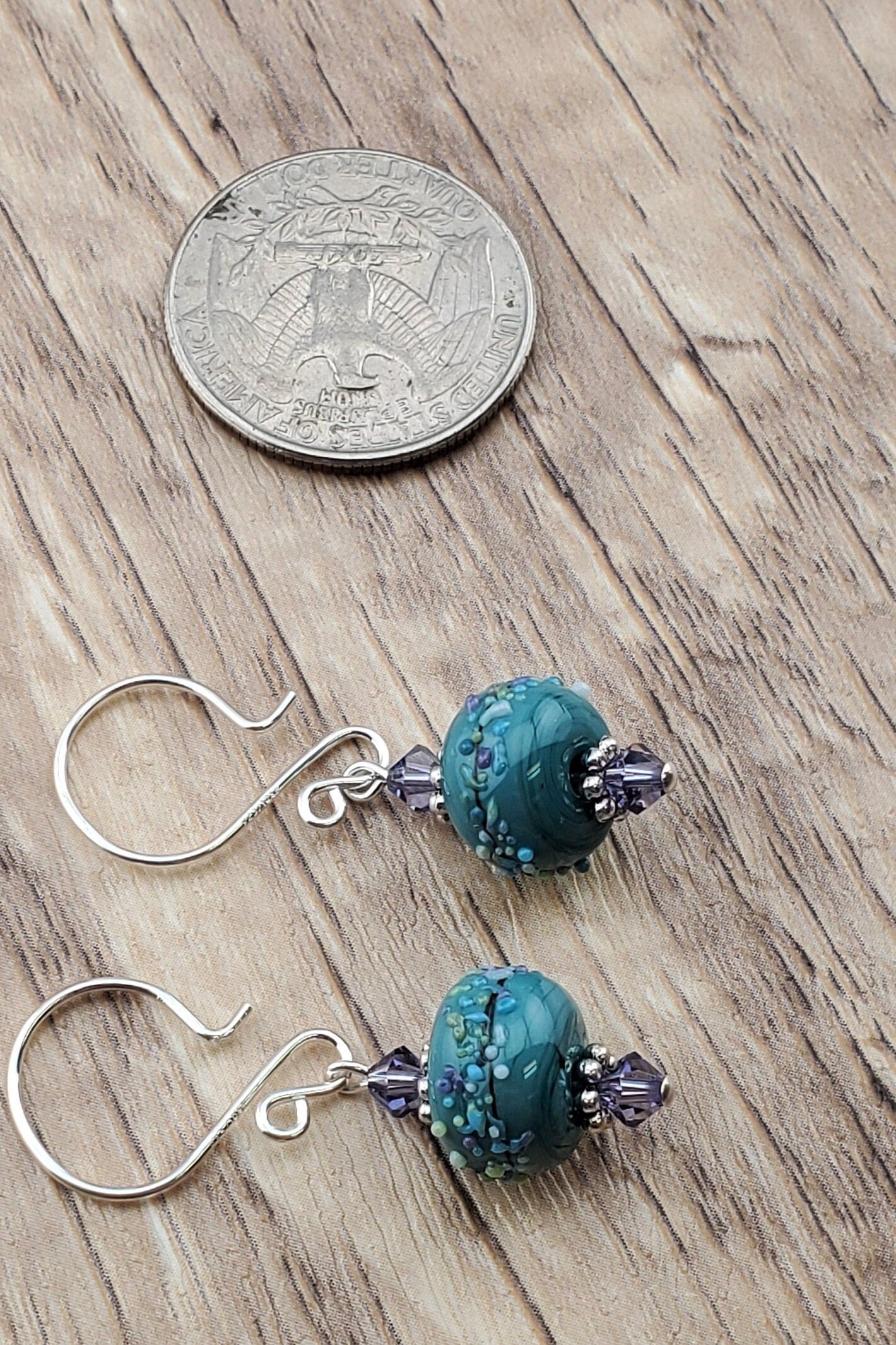 Lavender Bliss Artisan Glass Earrings, Lampwork Glass Bead handcrafted by a talented artisan, Silver Filled Earring Wire. Lavender and Teal Green beads.