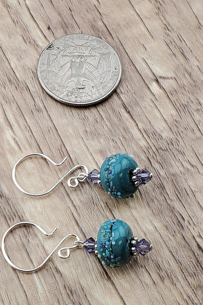 Lavender Bliss Artisan Glass Earrings, Lampwork Glass Bead handcrafted by a talented artisan, Silver Filled Earring Wire. Lavender and Teal Green beads.