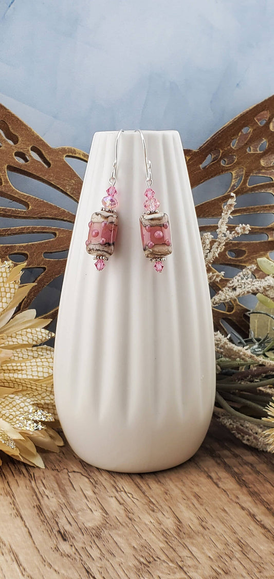 Ivory Rose Artisan Glass Earrings, Lampwork Glass Bead handcrafted by a talented artisan, Silver Filled Earring Wire