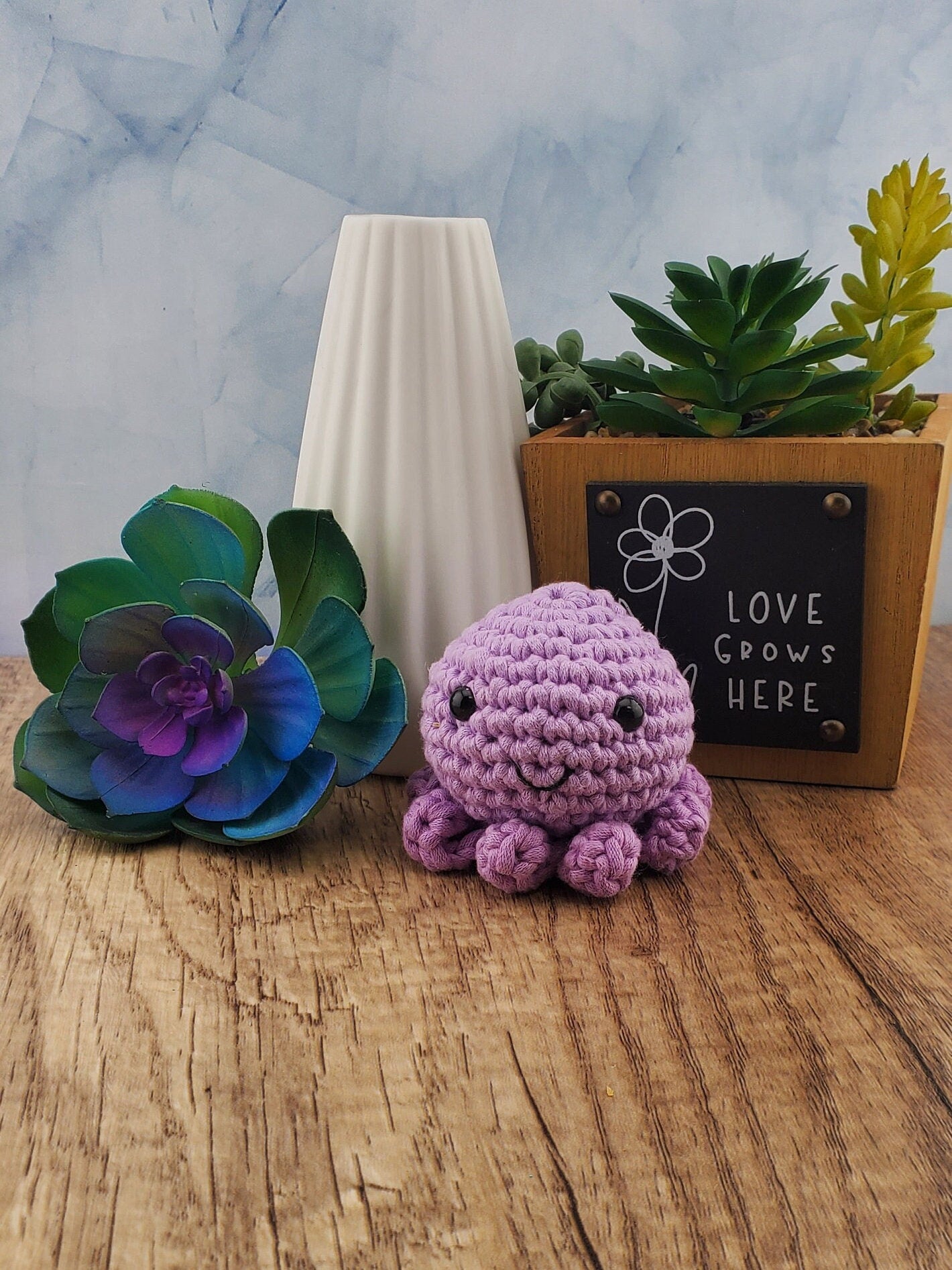 Handcrafted crocheted purple Octopus buddy named Olivia