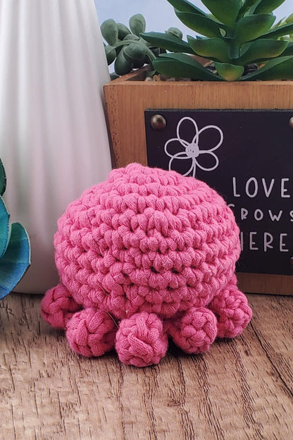 Handcrafted crocheted pink Octopus buddy named Ophelia